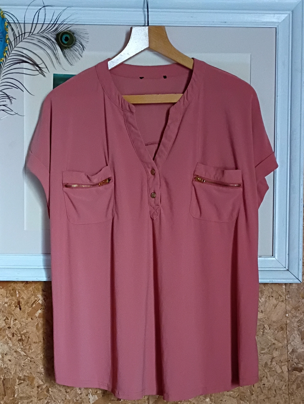 Womens Dusty Rose Short Sleeve V-Neck Pocket Blouse Classy Casual Comfortable